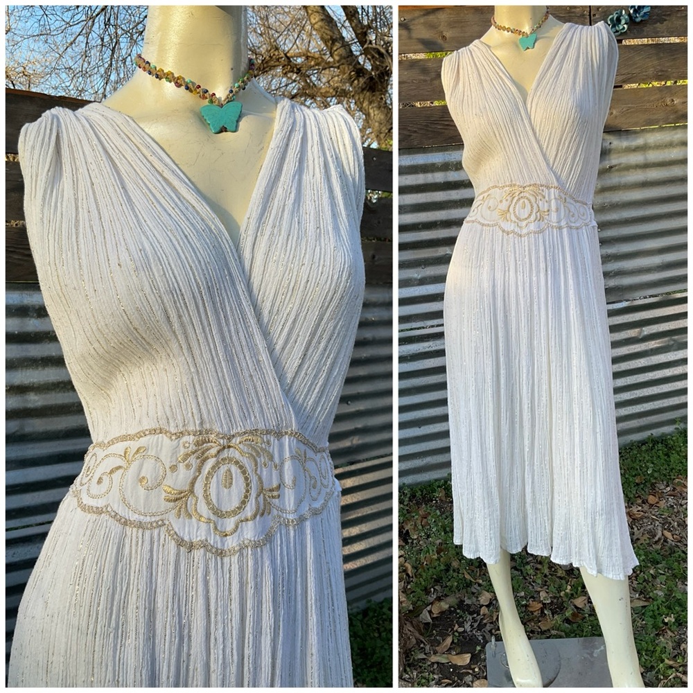 Vintage 80s Greek Goddess Metallic Ivory & Gold Gauze Sundress